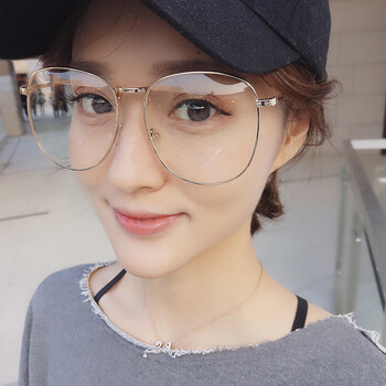 眼镜框女复古金属圆平光大框眼镜女潮 银色