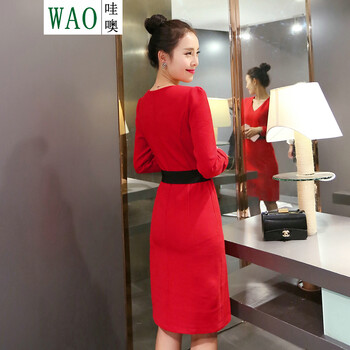 哇噢wao2016春季上新款女装 包臀打底长袖连衣裙 春秋冬 大红色 M