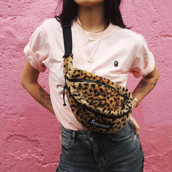 鲁夫supreme leopard fleece waist bag 17fw 豹纹腰包小包 现货 黄色