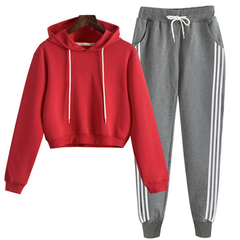 高腰卫衣套装女秋冬两件套女学生韩版潮原宿风bf 红色衣服 深灰裤子 m