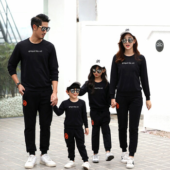 亲子装秋装黑色长袖一家三口家庭装卫衣 幼儿园母女姐弟运动套装 黑色