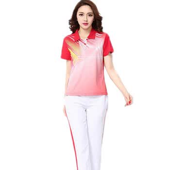 男女情侣运动套装夏季广场舞服装中老年柔力球运动服团体演出服 红色
