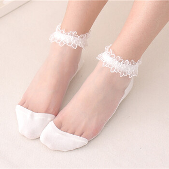 韩版丝袜 女公主袜短袜薄款玻璃袜船袜复古花边袜子 蕾丝白色 均码3双