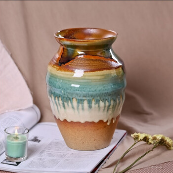 聆语皓 手工粗陶陶罐坛子花器花瓶窑变陶瓷土陶做旧仿古型花插装饰