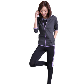 瑜伽服女套装秋冬健身登山长袖连帽外套长裤紧身弹力两件套 紫色 xl