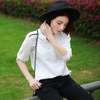 2016 春装女装长袖卷袖两种穿法雪纺衫女衬衫上衣衬衣潮p941新款 粉红