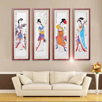 四大美人画客厅装饰国画贵妃西施美女挂画四条屏丝绸卷轴画可裱框