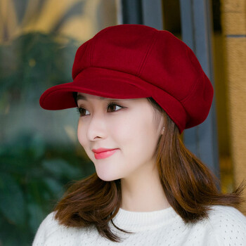韩版羊毛呢八角帽女英伦复古秋冬季报童帽潮流日系文艺鸭舌帽 酒红色