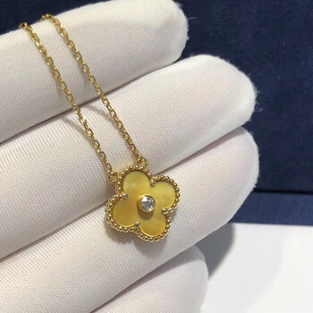 金贝母四叶草项链925带钻纯银女锁骨链镶钻黄贝母纯银电镀18k金色 黄