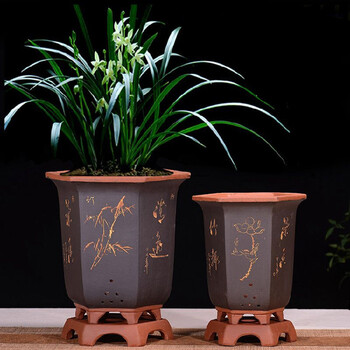 紫砂陶瓷兰花盆君子兰花盆 吊兰花盆客厅室内阳台花盆 六角兰花盆黑色