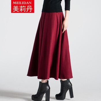 
                                        美莉丹2016秋冬毛呢高腰半身裙 保暖欧美修身长裙 简约仿羊毛呢大摆裙 淡雅灰 XL                