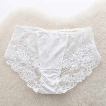 新品真丝内裤女桑蚕丝性感蕾丝超薄网纱中腰包臀三角裤 白色 l