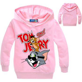 男童女童儿童卫衣 猫和老鼠卡通印花圆领连帽卫衣 男孩休闲上衣 粉红