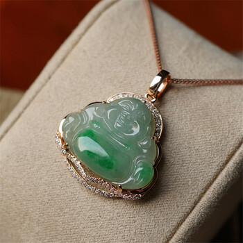 铭伽 翡翠飘阳绿佛公吊坠挂件玫瑰金镶嵌钻石吊坠