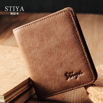 新品男式头层牛皮多卡位短款时尚钱夹男卡包皮夹休闲横款 卡其色