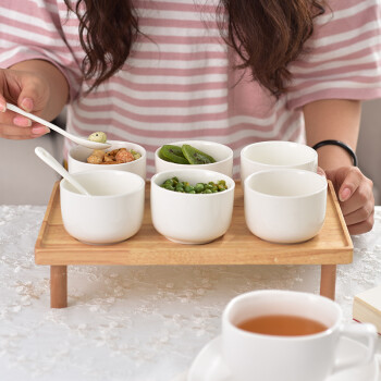乐盈弘 创意陶瓷木器套装 水果碗点心干果小食碗 木支架组合 圆碗6只