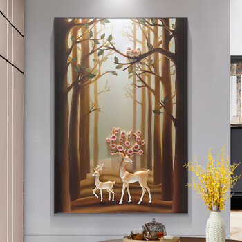 客厅挂画玄关装饰画竖版单幅进门3d壁画麋鹿沙发背景墙 幽林花鹿 80*