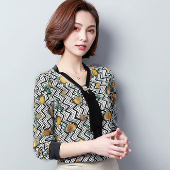 长袖衬衫女2018春夏季新款碎花荷叶边系带v领雪纺衫女装印花上衣 白色