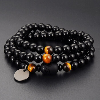 手链男士 韩版时尚潮人个性黑色腕饰串珠子学生青少年水晶虎眼石 虎眼