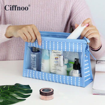 琪斐诺（Ciffnoo） 便携化妆包马卡龙色系梨花包条纹包中包透明防水化妆品收纳包 浅蓝色