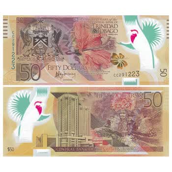 甲源文化美洲全新unc特立尼达和多巴哥50元塑料钞中央银行成立50周年