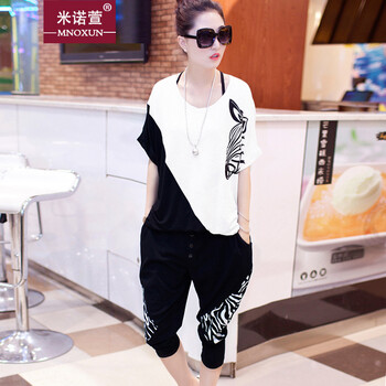 米诺萱-套装女夏韩版宽松大码短袖蝙蝠衫七分