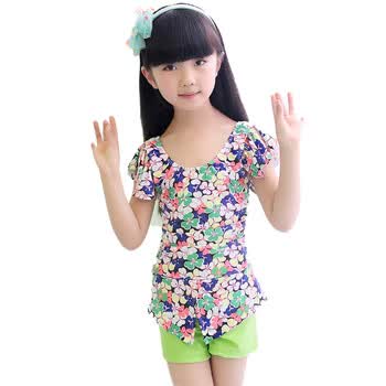 losenka s 儿童泳衣女中大童连体平角裤碎花温泉游泳衣 绿色 2xl(40