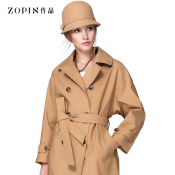 Zopin作品2016春装新品女装 中长款双排扣长袖女式英伦风衣外套 驼色 S