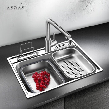 阿萨斯（ASRAS）6045 厨房水槽304不锈钢单槽多功能 拉伸洗菜盆 厨房洗碗盆 配3052不锈钢龙头 置物架