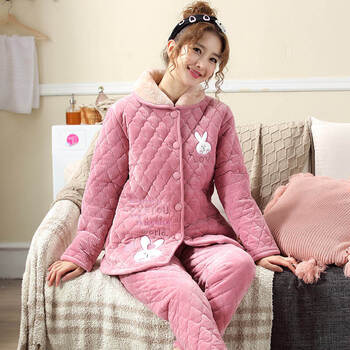 睡袄女女士冬季夹棉睡衣女保暖三层加厚加绒棉袄家居服套装 1881#粉色