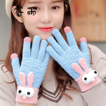 手套女冬季毛线厚韩版可爱ins学生加绒卡通棉毛绒五指 【加绒保暖】