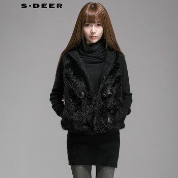 圣迪奥 sdeer 2015冬装新款女牛角扣毛绒带帽马甲 黑色/91 L