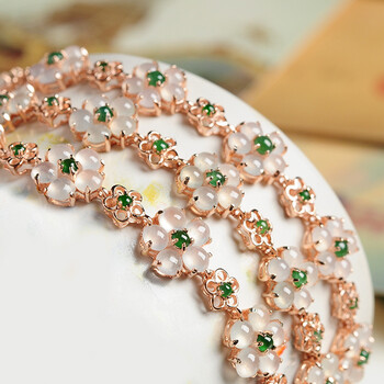 吻饰 冰种翡翠手链 925银镶嵌玉石蛋面女款玉手链