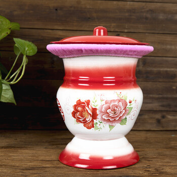 送盖加厚搪瓷痰盂儿童痰盂坐便器 带盖搪瓷痰盂马桶起夜桶可移动 红白