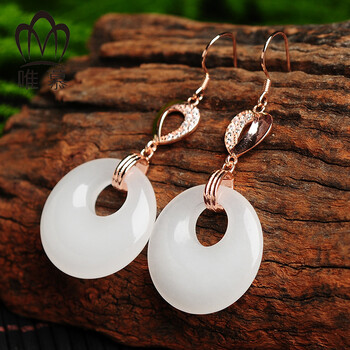 唯慕 玉石耳环 女款白玉月牙圆圈耳坠耳饰 附证书