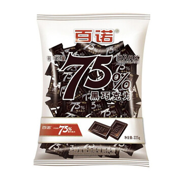百诺75黑巧克力225克袋装上海休闲零食可可脂黑巧克力