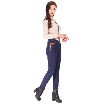 波司登女装牛仔裤女士保暖裤加厚加绒外穿裤子 深蓝压皱 XXL