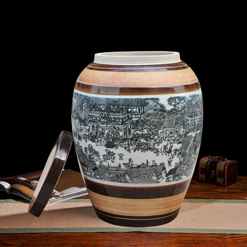 景德镇陶瓷米缸米桶带盖平盖酒缸储物罐仿古清明上河图50斤装平缸50斤