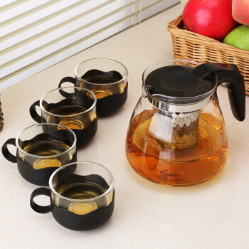 易信 易信 加厚耐热玻璃茶具套装茶壶杯不锈钢过滤红茶冲泡茶器 纯黑套装