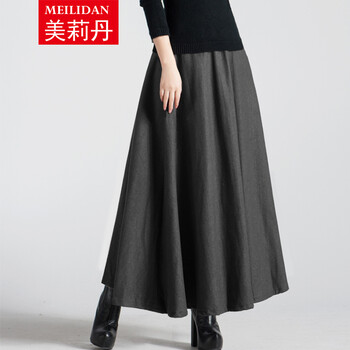 
                                        美莉丹2016秋冬毛呢高腰半身裙 保暖欧美修身长裙 简约仿羊毛呢大摆裙 淡雅灰 XL                