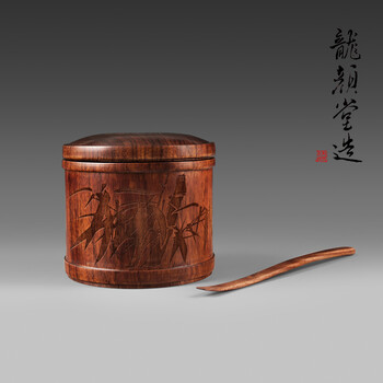 龙颜堂《雕竹》红酸枝木茶叶罐 手工雕刻实木密封茶仓存茶醒茶罐