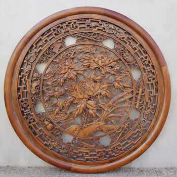 临宝得乐 东阳木雕挂件圆形 香樟木镂空雕花墙壁挂饰 古典中式装修