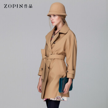 Zopin作品2016春装新品女装 中长款双排扣长袖女式英伦风衣外套 驼色 S