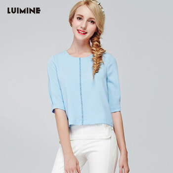 LUIMINE2015秋季新款韩版女装欧根纱大蝴蝶结短袖雪纺衫打底上衣 蓝色 L