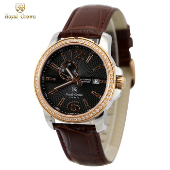 萝亚克朗 多功能皮带机械表 休闲时尚男手表 防水商务手表男 金壳咖带