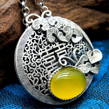 创意湾 银坠子女仿古复古色镂空双喜圆牌毛衣链大吊坠 搭配3毫米粗80