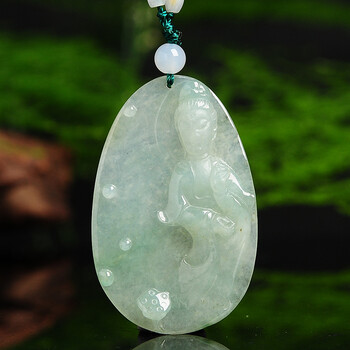 荔尚珠宝 冰润翡翠观音吊坠 玉器冰糯种淡绿玉菩萨项坠玉挂件