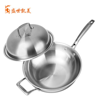 
                                        盛世凯美不粘锅无油烟无涂层燃气电磁炉通用18-10不锈钢炒锅 内径30cm炒锅                