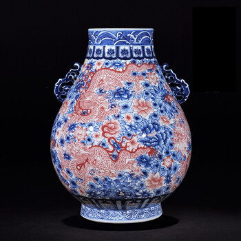 景德镇陶瓷仿古手绘青花釉里红龙穿万花双耳如意福筒摆件客厅摆件