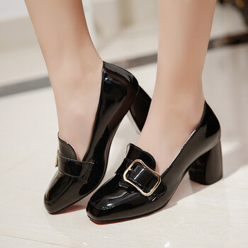 依耐丝单鞋女2017春季新款粗跟浅口漆皮式时尚复古方头z52b021 黑色